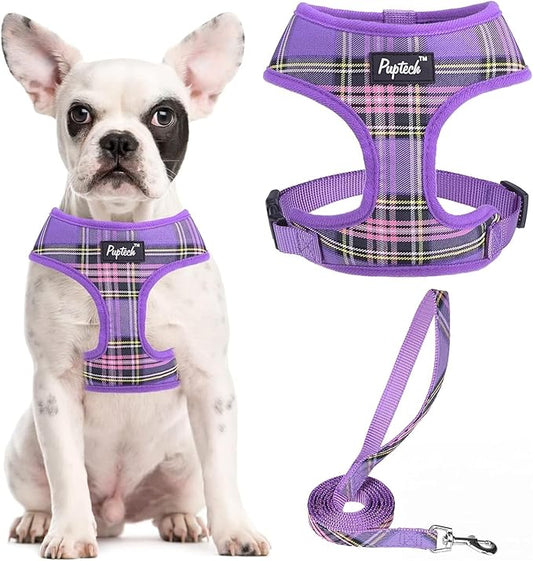 PUPTECK Soft Mesh Dog Harness and Leash Set Pet Puppy Cat Comfort Padded Vest No Pull Harnesses, Purple, S