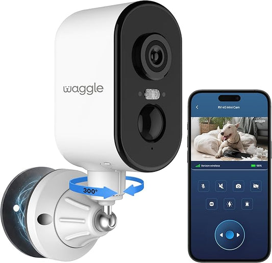 Waggle 4G LTE Cellular Security Camera, 2K HD Pet Monitor, 300° Pan, No WiFi, 9000mAh Battery, Night Vision, 2-Way Talk & Siren Alarm- RVs/Camping/Travel/Indoor & Outdoor - Subscription Required
