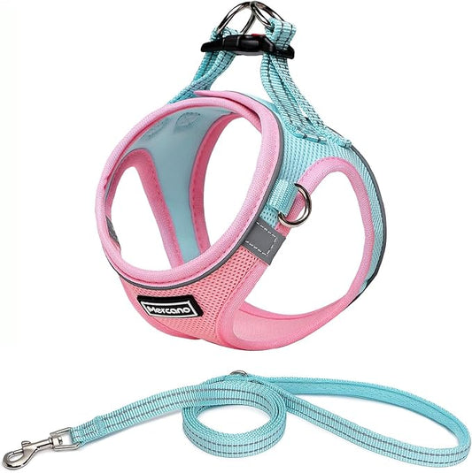Mercano Soft Mesh Dog Harness and Leash Set, No-Chock Step-in Reflective Breathable Lightweight Easy Walk Vest Harnesses with Safety Buckle for Small Dogs, Cats (XXS, Pink Blue)