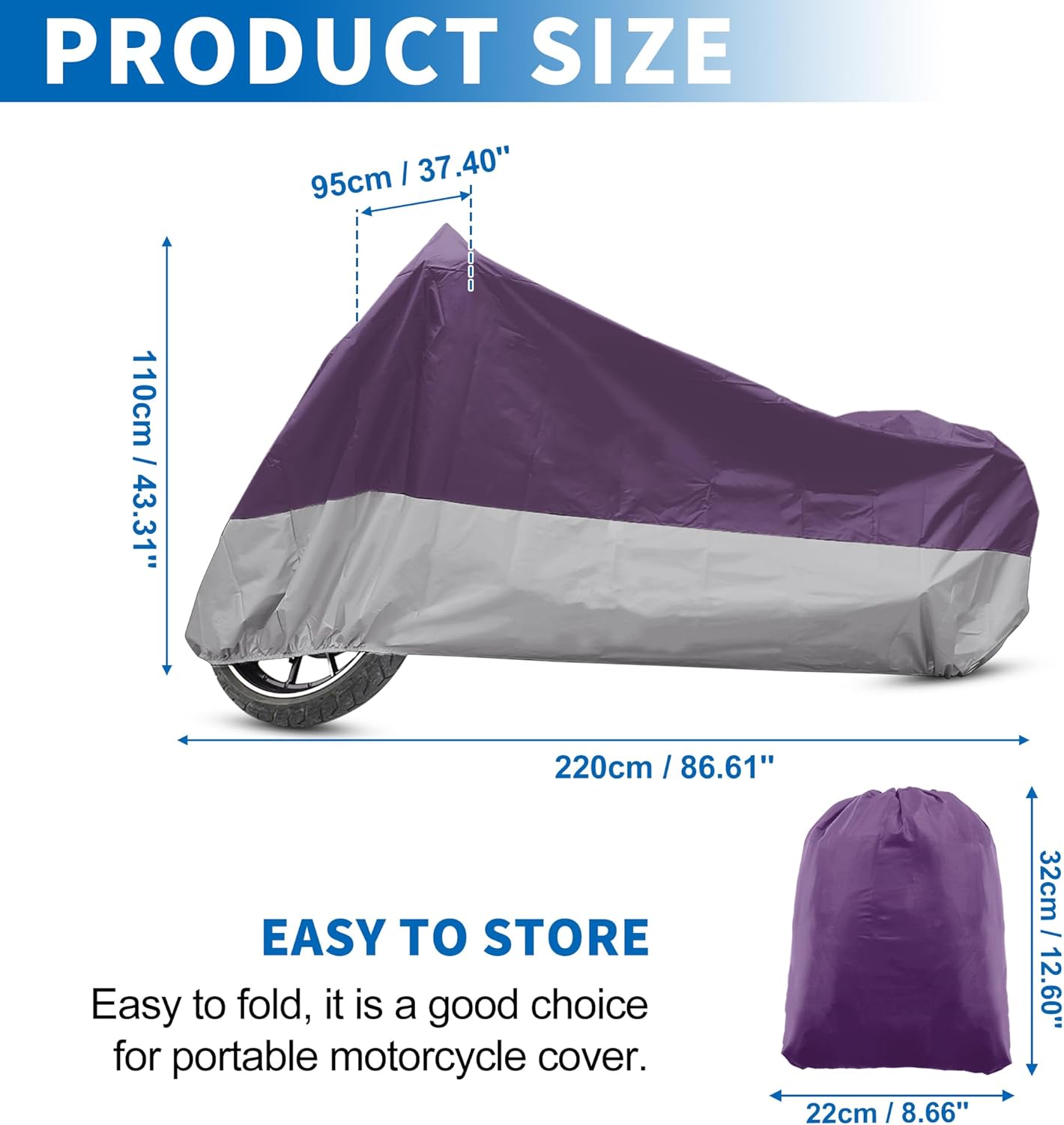 X AUTOHAUX Motorcycle Cover for Harley Davidson for Honda for Suzuki All Season Waterproof Sun Outdoor Protection Motorbike Cover Fits Up to 86.61'' Motorcycles Cover L Purple Silver Tone