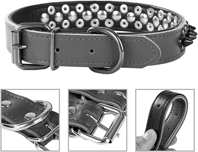 Spiked Studded Dog Collar, Genuine Leather Dog Collar, Adjustable Pet Collars for Medium Large Bulldog Pitbull Mastiff Poodle Boxer (L:37-47cm, Pink-1)