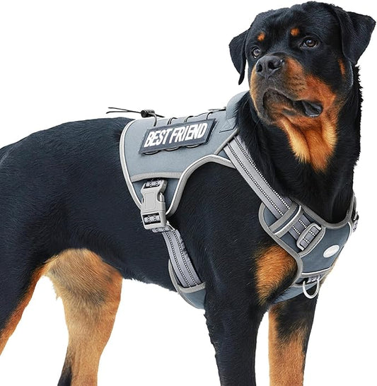 Auroth Tactical Dog Harness for Large Dogs No Pull Adjustable Pet Harness Reflective Working Training Easy Control Pet Vest Military Service Dog Harnesses Grey XL