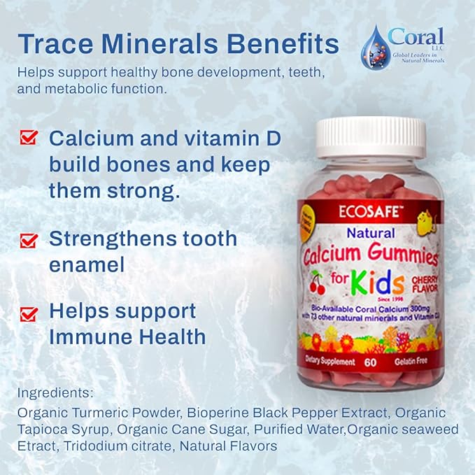 Coral Calcium Vitamin D3 Kids Gummy, Natural Cherry Flavor, Non GMO, Gluten-Free, Dairy-Free, Soy-Free and Gelatin Free - 300 mg of Calcium, and 800 IU of Vitamin D3-60 Gummies (1 Pack)