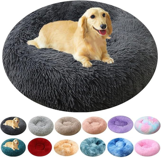 Calming Dog & Cat Bed, 24 Inch Anti-Anxiety Donut Cuddler Cat Bed with Anti-Slip Bottom, Washable Round Fluffy Pet Bed for Small Medium Dogs and Cats (Dark Grey)