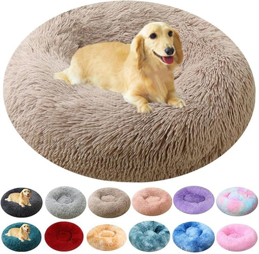 Calming Large Dog Bed & Cat Bed, 43 Inch Anti-Anxiety Donut Dog Cuddler Cat Bed, Warming Cozy Soft Dog Round Bed, Fluffy Faux Fur Machine Washable Pet Cushion for Medium Dogs & Cats (Khaki)