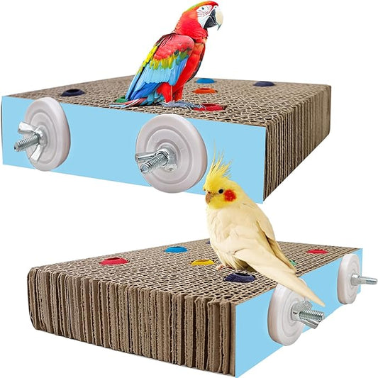 2PCS Bird Chew Toys Parrot Cardboard Perch for Cage Bird Resting Platform Stand with Colorful Beads Parrot Playground Exercise Toys Parakeets Cage Accessories for Conures, Budgies