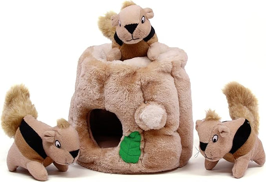 Outward Hound Hide-A-Squirrel Dog Toy – Interactive 2‑in‑1 Plush Puzzle with 3 Squeaky Removable Squirrels, Medium