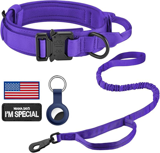 DAGANXI Tactical Dog Collar, Adjustable Military Training Nylon Dog Collar with Control Handle and Heavy Metal Buckle for Medium and Large Dogs, with Patches and Airtags Case (Purple-Set, XL)