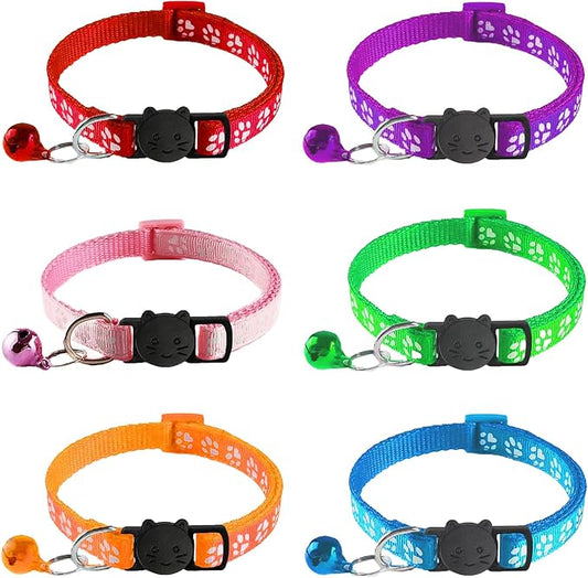 6 Pack Breakaway Cat Collar with Bells, Claw Print Design, Safety Buckle Kitten Collars, 0.4 Inches Width Lightweight, Adjustable 7.5-12.5 Inches Suitable for Girl Boy Cats