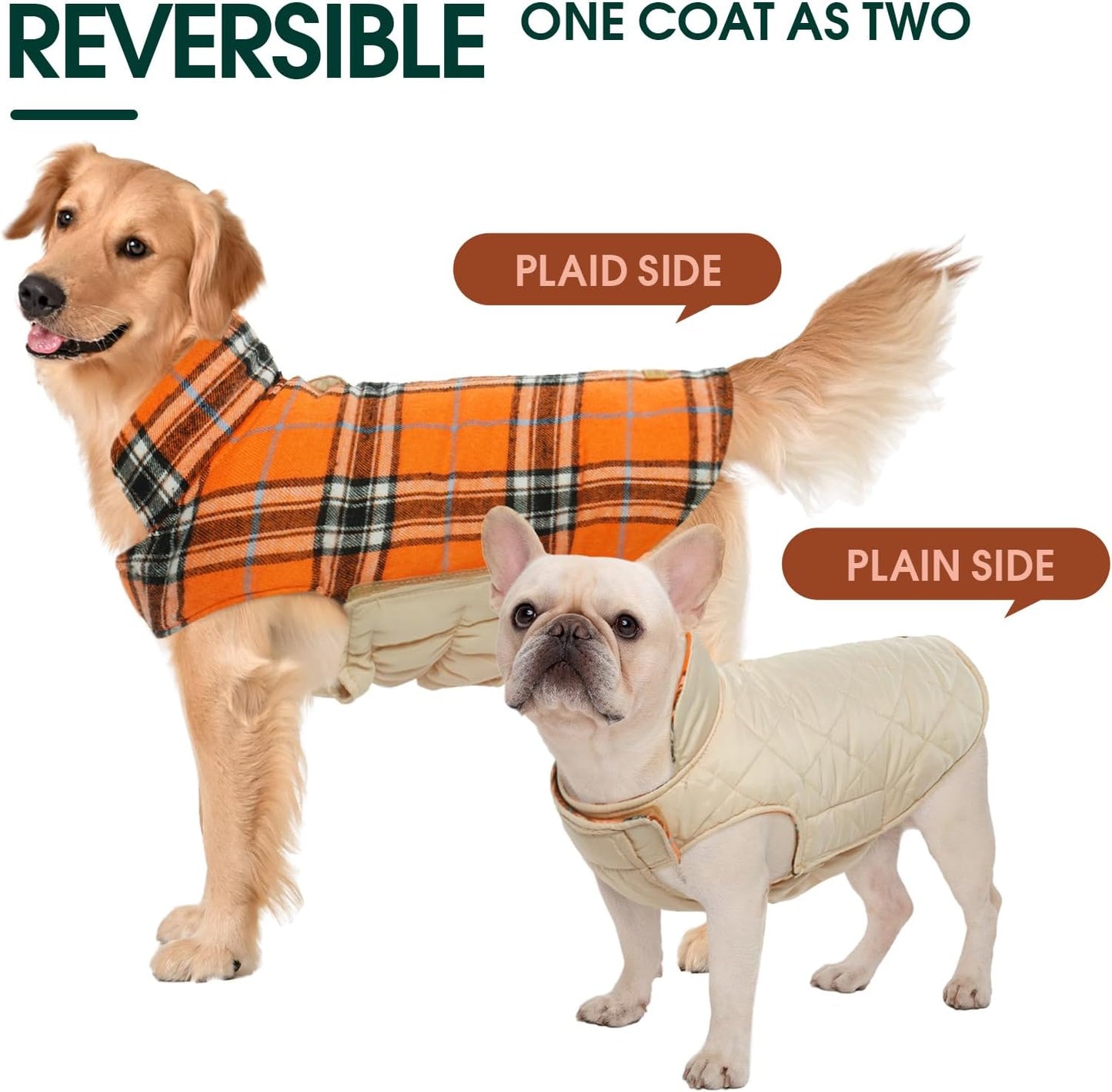 Kuoser Waterproof Dog Coat, Reversible Dog Jacket for Small Dogs, Adjustable Durable Doggie Winter Coat Warm Cozy Puppy Cold Weather Apparel from Small to Large Breed, Orange S