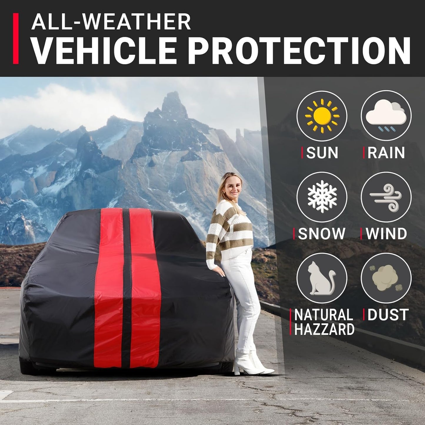 iCarCover Custom Car Cover for Pontiac Catalina (1950-1958) Waterproof All-Weather Rain Snow UV Sun Protector Full Exterior Indoor Outdoor Car Cover (Stripe - Black/Red)