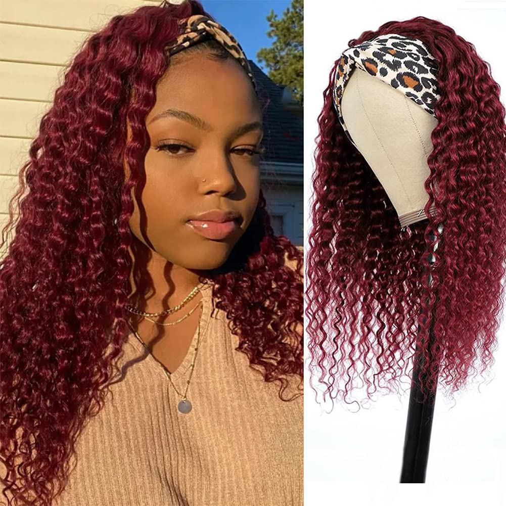 Lauberita Headband Wig Human Hair 99J 18 Inch 180% Density Burgundy Deep Wave Headband Wig 100% Human Hair Wigs Curly Glueless W