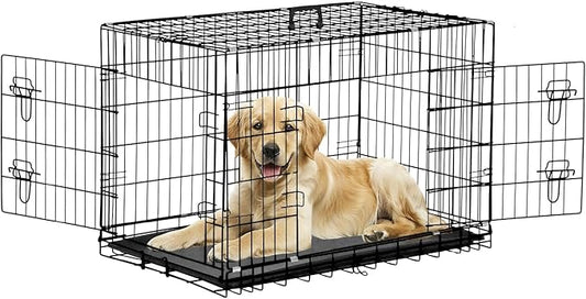42 Inch Large Dog Crate Dog Kennel Pet Cage Metal Wire Crates Pet Cages Double-Door Folding Kennels with Handle Leak-Proof Pan Tray,Black