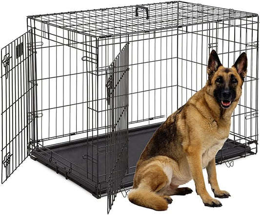 Large Dog Crate, 48 Inch Dog Cage Dual Door Metal Dog Cage with Divider Panel, Leak-Proof Pan, Indoor Outdoor Folding Pet Dog Kennel for Large Pet Animals