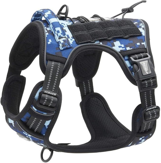 Auroth Tactical Dog Training Harness No Pulling Front Clip Leash Adhesion Reflective Pet Working Vest Easy Control for Small Medium Large Dogs Blue Camo M