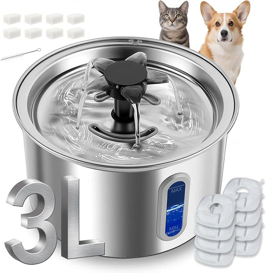 3L/101oz Stainless Steel Cat Water Fountain for Indoor Use - Ultra Quiet Automatic Cat Fountain for Drinking, Pet Water Foutain for Cat with LED Window, Easy to Clean (8 Filters & 8 Sponges)