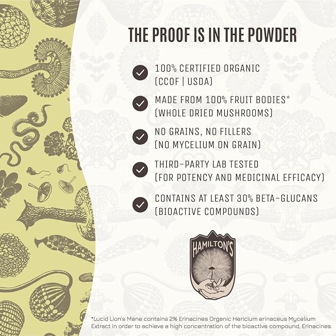 Hamilton’s Lucid Lion’s Mane | Organic Mushroom Extract Powder for Synapse Repair, Nerve Growth Factor, Focus, Memory, and Concentration | High Potency | 30% Beta Glucans | GF, Non-GMO, Vegan (100g)
