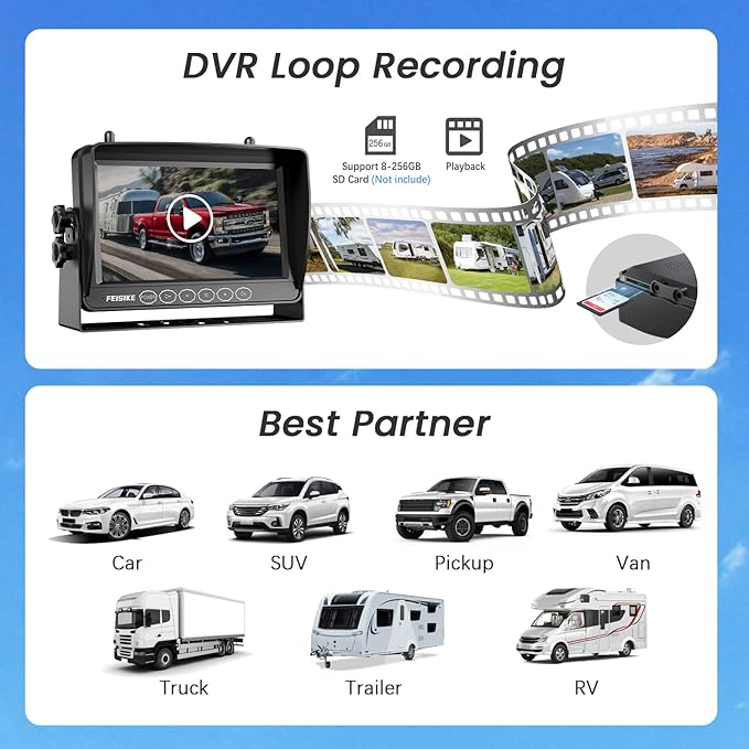 Magnetic Solar Wireless Backup Camera for RV Truck Trailer – 7" 1080P Monitor with Recording, 1-Min Install, No Delay, Wide View, IR Night Vision, 4 Channels, Auto-Sleep Rechargeable Rearview Camera