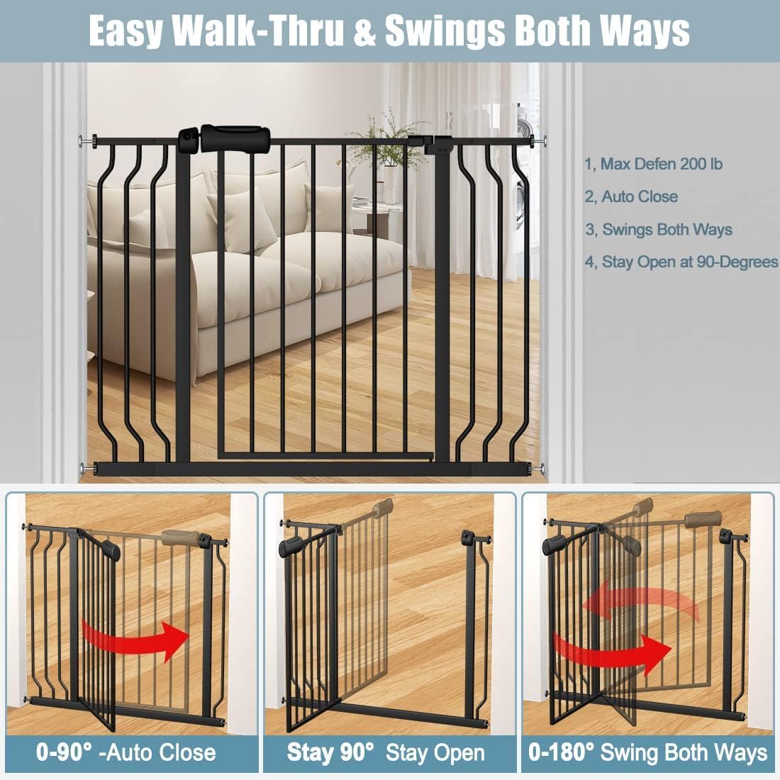 48-53 Inch Extra Wide Baby Gate for Stairs, Safety Dog Gate for Doorways, Pressure Mounted Walk Through Child Gate for Kids Pets No Drill Indoor and Outdoor, Black