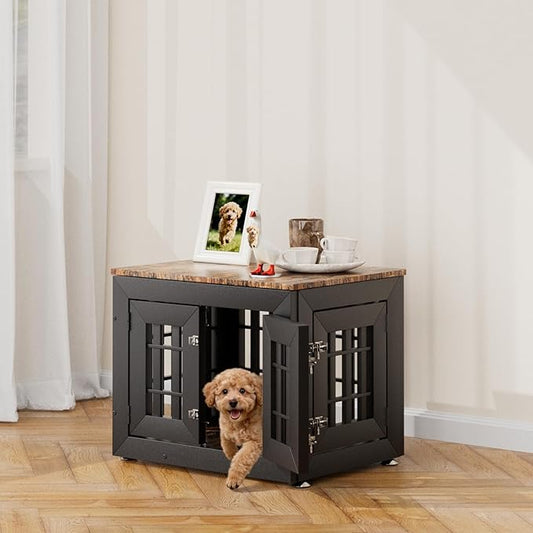 26" Heavy Duty Dog Crate Furniture for Small,Medium and Large Dogs,Rustic Wooden Dog Cage Kennel Indoor Furniture with Waterproof Top,Decorative Pet House Side End Table (Black & Wood)