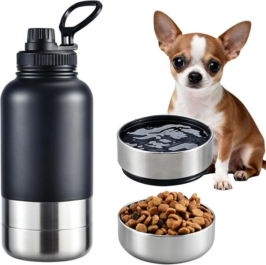 Insulated Dog Water Bottle with 2 Bowls, 32oz Travel Stainless Steel Double Wall Thermos, Portable Pet Dispenser, Gifts for Puppy Small Medium Dogs Walking Hiking and Camping