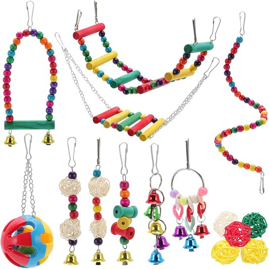 Cockatiel Toys, Bird Parrot Swing, Chewing Toy Set, Pet Birds Toys for Parakeet Conures Finches, 15 Pcs Multifunctional Hanging Bell Climbing Ladders