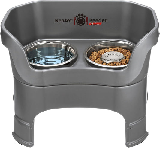 Neater Feeder Deluxe Mess Proof Dog Bowls Elevated for Large Breeds – Made in USA – No Spill Raised Slow Feeder Elevated Dog Bowl Stand w/Leg Extensions, Food and Water Bowl Set, Grey