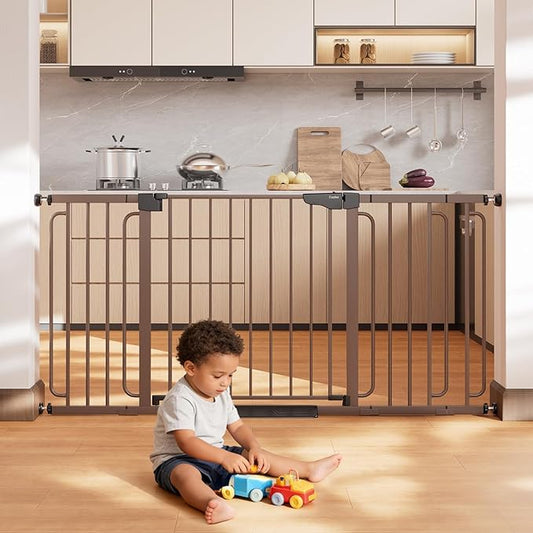 Cumbor 36.6-64" Extra Wide Baby Gate for Stairs, Dog Gates for Doorways, Auto-Close Pet Gate Indoor, Pressure Mounted Walk Through Safety Child Gate for Kids Toddler, Tall Pet Puppy Fence Gate, Brown