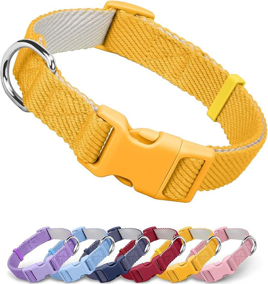 Dynmeow Soft and Breathable Cotton Dog Collar, Durable Adjustable Heavy-Duty Pet Collar with Quick-Release Buckle, Lightweight for Sensitive Skin for Large Dogs, Yellow, L