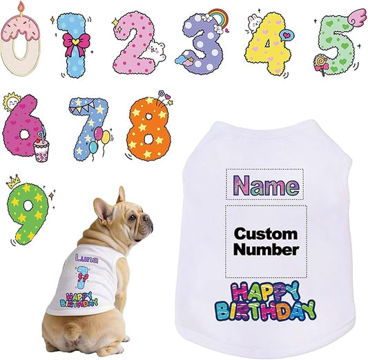 Custom Dog Birthday Shirt,Personalized Pet Apparel Print with Name Age Number,Pet Birthday Outfit,Lightweight Breathable Cotton Vest for Small Medium Large Dogs Cat (White, X-Small)