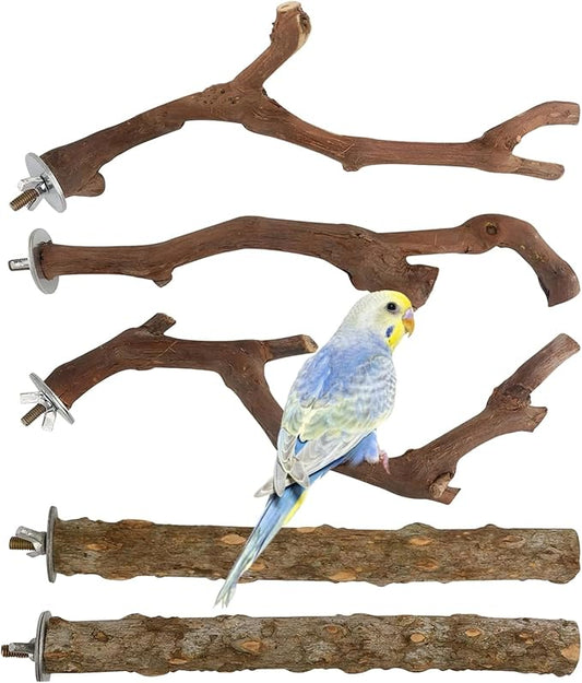 5 PCS Wood Bird Perches, Natural Grape Wood Branches with Mounts, Bird Stand and Paw Grinding Accessories, Cage Perches for Parakeet, Cockatiel, Conure, Budgie