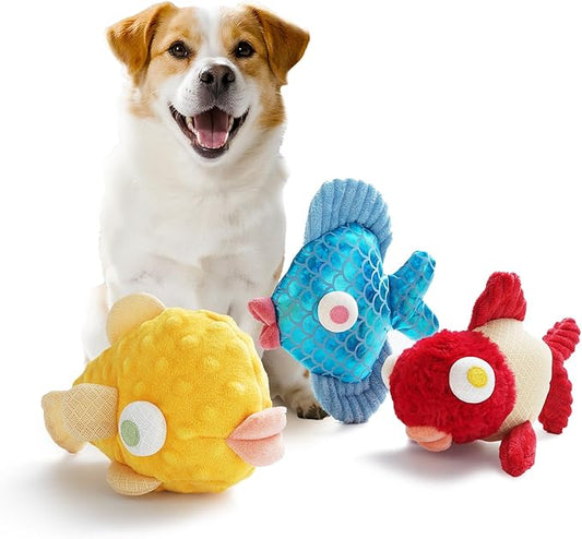 Nocciola Tough Dog Toys, Squeaky Dog Toys to Keep Dogs Busy with Two Resistant Layer & Crinkle Sound, Googly Eyed Fish Gang Puppy Teething Toys for Small, Medium, Large Breeds