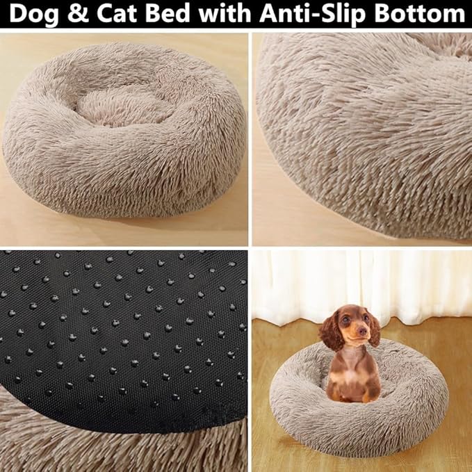Calming Dog & Cat Bed, 24 Inch Anti-Anxiety Donut Cuddler Cat Bed with Anti-Slip Bottom, Washable Round Fluffy Pet Bed for Small Medium Dogs and Cats (Light Grey)