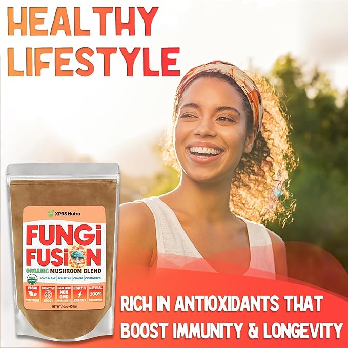 XPRS Nutra Fungi Fusion Organic Mushroom Powder Blend, Premium Blend of Lion's Mane, Reishi, Chaga, Cordyceps for Mental Clarity, Cognition, Energy and Immunity - 4 Ounce