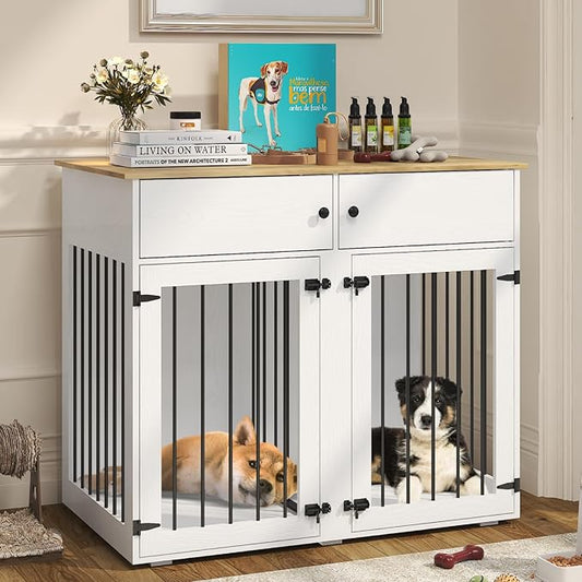 Large Dog Crate Furniture, 41 Inch Dog Kennel Indoor with Removable Divider & Double Doors, Wooden Dog Crates for 2 Dogs, Dog Crate Table for Large/Medium Dogs, White