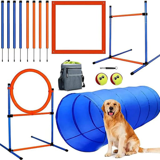 Dog Agility Training Equipment, 60-piece Dog Obstacle Course Training Starter Kit Pet Outdoor Game with Tunnel, Agility Hurdle, Weave Poles, Jump Ring, Pause Box, Toy Balls and Storage Bag