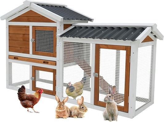 58-Inch Solid Wood Hutch/Cage for Indoor & Outdoor Use with Waterproof Roof – Suitable for Rabbits, Small Rodents & Pets, 2-Tier Design with Stairs and Removable Pull-Out Cleaning Tray（41314）