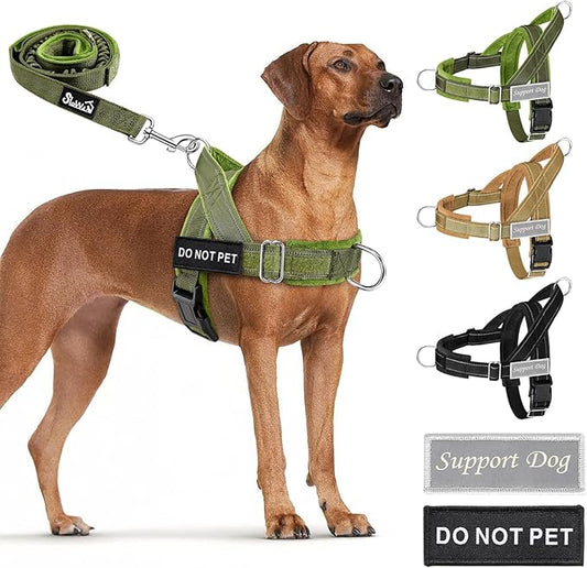 SlowTon No Pull Dog Harness - Heavy Duty Dog Harness and Leash Set for Medium Large Dogs, Reflective Tactical Harness with Soft Padded and Front Clip for Easy Walk and Training (GR, L)