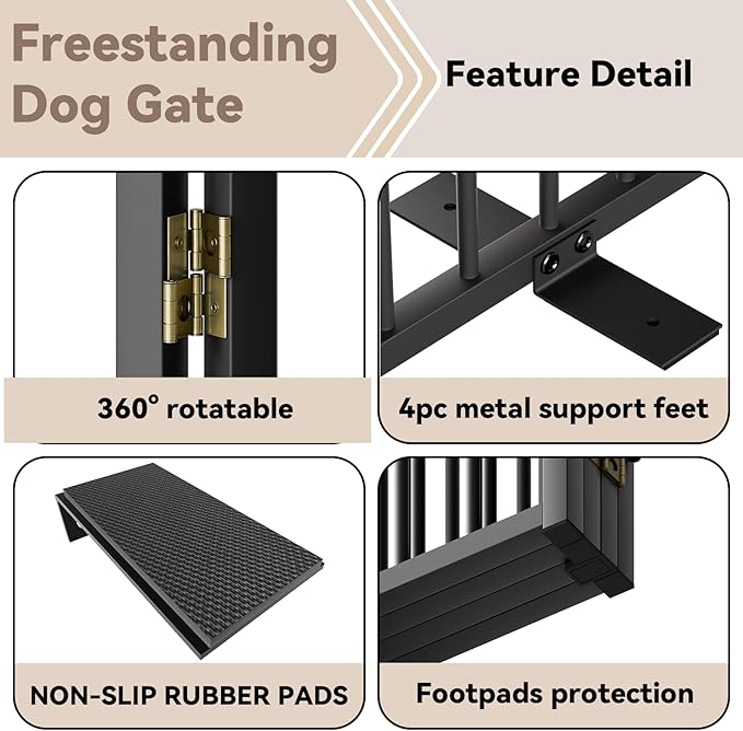 Full Metal Freestanding Dog Gate with Door, 36''Height Foldable Pet Dog Fence for Indoor & Outdoor, 8 Panels Extra Wide Free Standing TallDog Gates for Doorways,House,Stairs,Porch,Deck,Yard