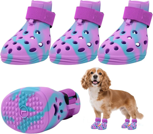Dog Shoes for Hot Pavement, Adjustable Magic Tape Boots for Small, Medium & Large Dogs, Anti-Slip, Easy to Clean Paw Protectors for Beach, Outdoor & Hot Weather (Purple L)
