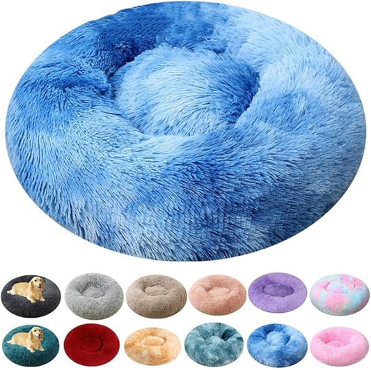 Calming Small Dog Bed Cat Bed, 20 Inch Donut Fluffy Anti-Anxiety Round Bed Washable Cute Bed, Cuddler Warming Cozy Soft Bed, Plush Cushion Bed for Small Medium Dogs and Cats (Blue White)
