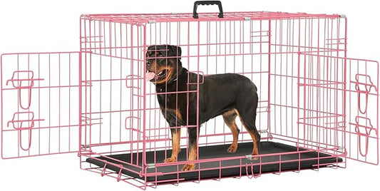 Dog Crate Dog Cage Dog Kennel Outdoor Metal Wire Double-Door Folding Pet Animal Pet Cage for Small Dog 30 inches with Double Door&Leak-Proof Pan Tray,Pink