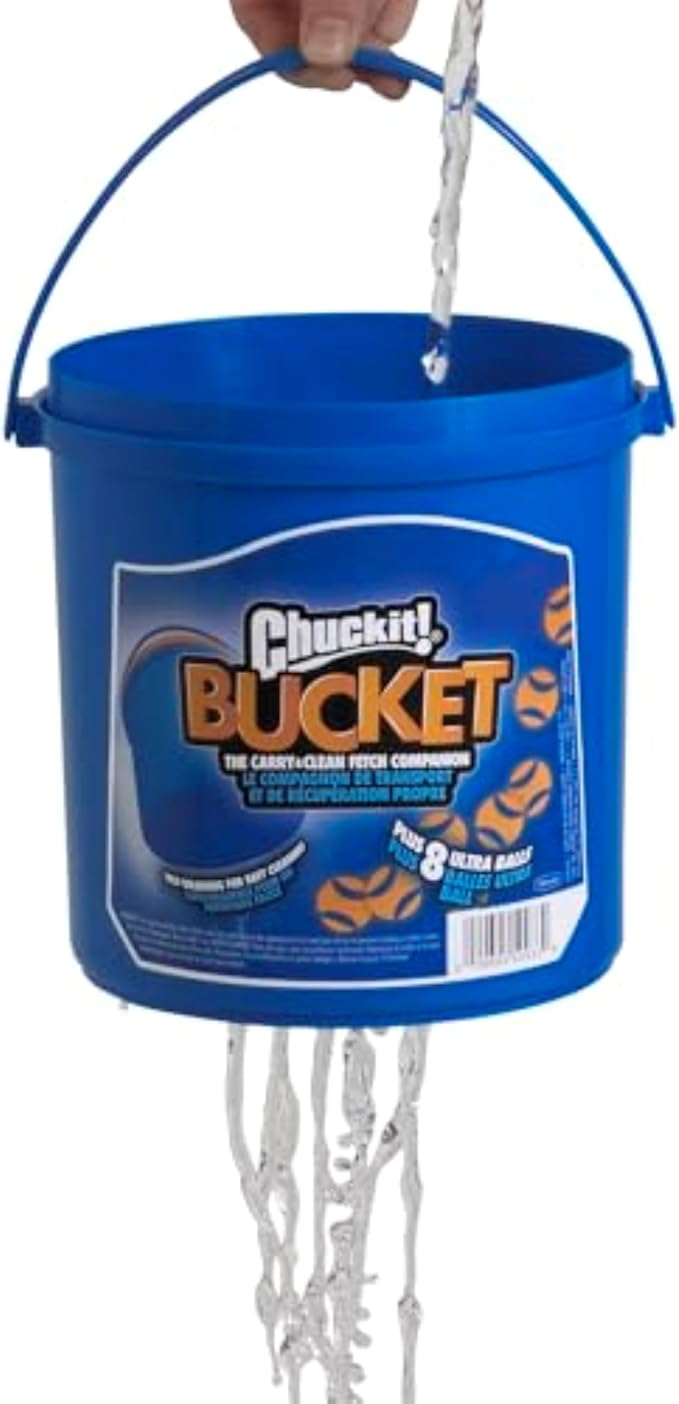 Chuckit! Ultra Ball Dog Toy with Chuckit! Cleaning Bucket, Bouncy Fetch Pet Toys For Dogs 20-60 lbs, Interactive Dog Toys, Durable Rubber, Size Medium, 2.5-inch Diameter, 8-Pack of Balls
