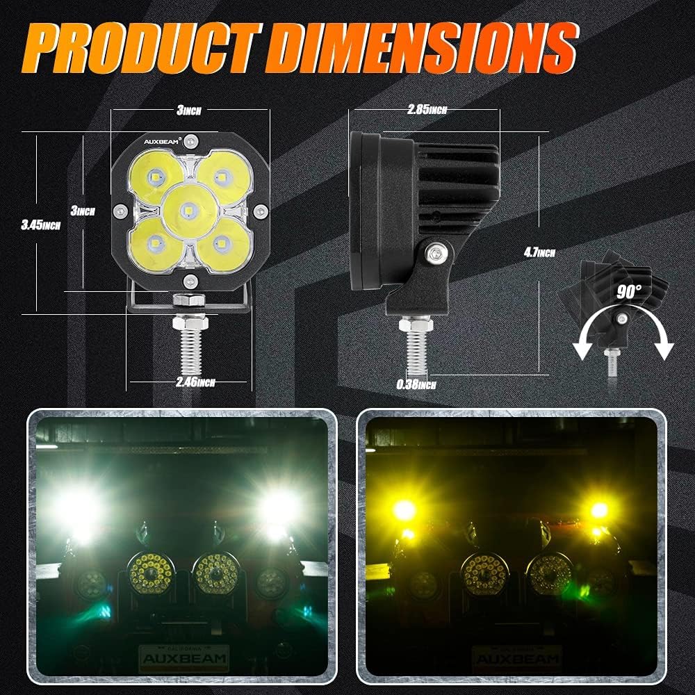 Auxbeam XP-Ultra Series 3 Inch LED Pods 80W 9600LM Offroad Driving Lights White Spot & Amber Combo Beam Ditch Light Bar Auxiliary Lights for Jeep Truck ATV UTV, Pair