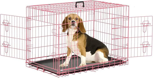 36 inch Dog Crates for Medium Dogs Folding Metal Wire Dog Cage Kennel, Indoor Outdoor Dog Crate Kennels with Handle&Proof Tray Portable Pet Kennel Pink