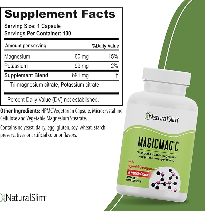 NaturalSlim Potassium Magnesium Supplement 100 Capsules – MagicMag C Magnesium Citrate Supplements for Sleep Support, Heart Health, and Muscle Cramp Relief | Gluten-Free 3 Pack