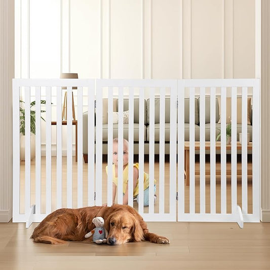 ZENY 36" H Pet Dog Gate, Foldable Freestanding Dog Door 3 Panel, Wooden Z Shape Step Over Pet Fence for Entryway, Stairs, Doorway, White