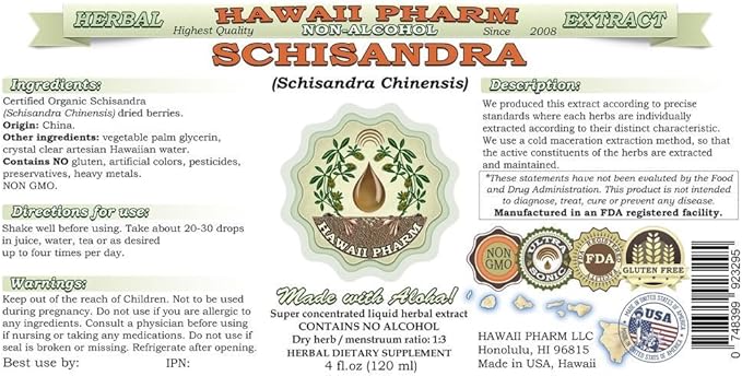 Schisandra Alcohol-Free Liquid Extract, Organic Schisandra (Schisandra Chinensis) Dried Berry Glycerite Natural Herbal Supplement, Hawaii Pharm, USA 4x4 fl.oz