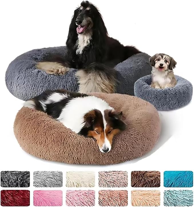 Calming Dog Bed for Small Dogs, Calming Donut Cuddler Pet Bed Anti Anxiety Round Dog Bed Fluffy Plush Faux Fur Cat Bed,Colorful Pink,27.5IN