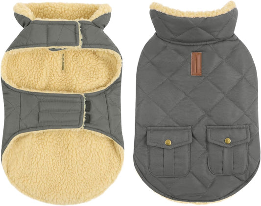 Queenmore Dog Winter Coat - Fleece Jacket, Waterproof Cold Weather Clothes, Thick Warm Cotton Padding, Easy On Storage Pockets (Grey, X-Large)